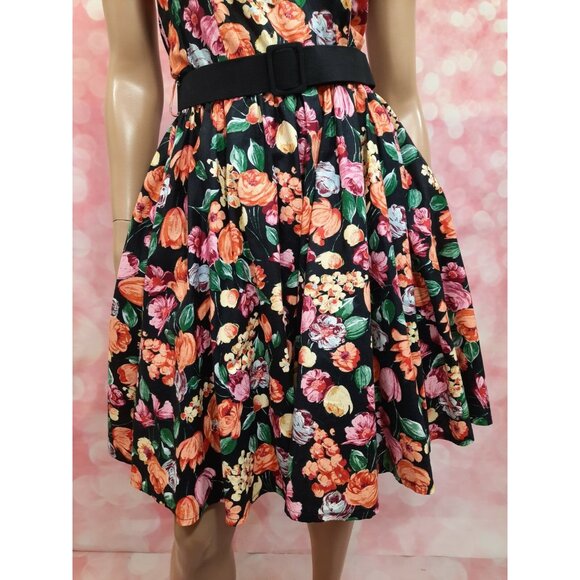 Vintage 80s Belted Floral Dress Prom Party S Retro 50s Sleeveless Crinoline - Picture 6 of 13